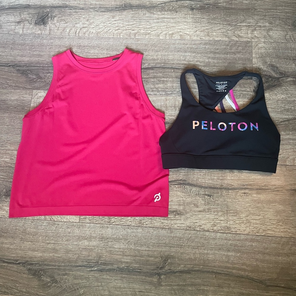 Peloton Fuchsia Tank and Black Sports Bra